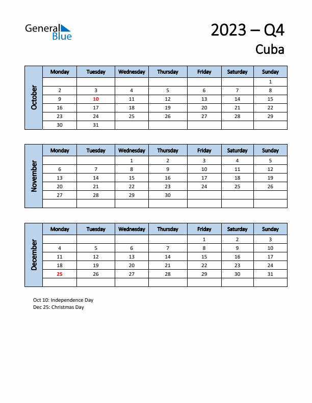Free Q4 2023 Calendar for Cuba - Monday Start