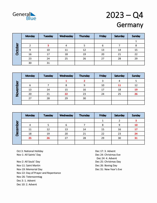 Free Q4 2023 Calendar for Germany - Monday Start