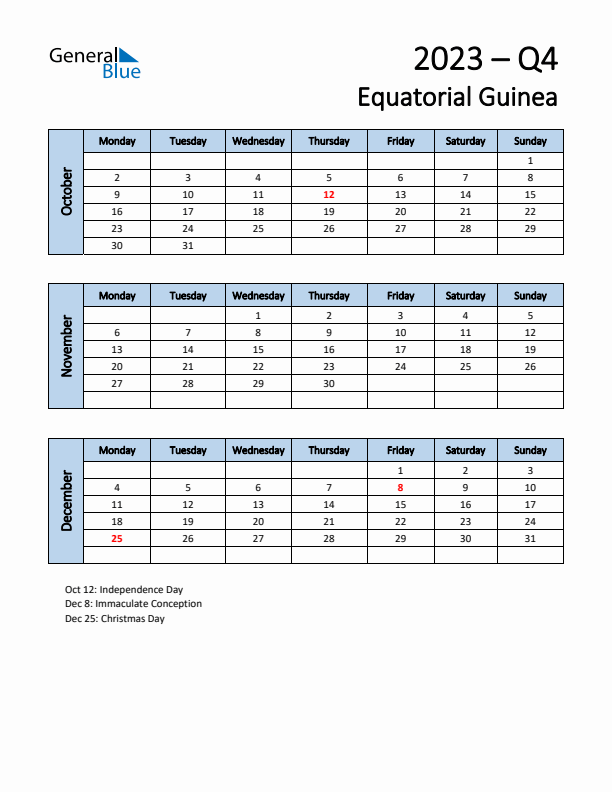 Free Q4 2023 Calendar for Equatorial Guinea - Monday Start