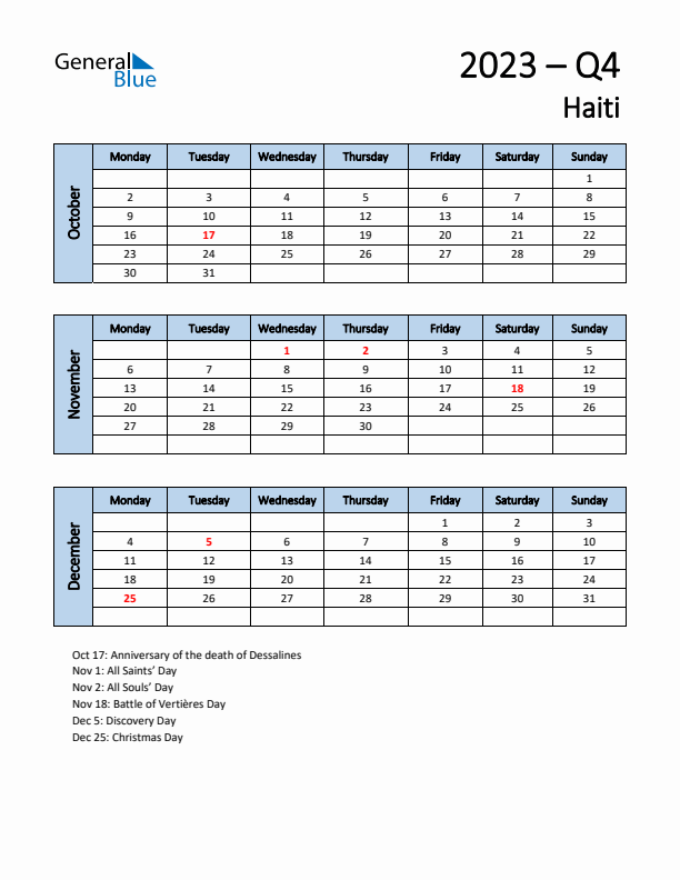 Free Q4 2023 Calendar for Haiti - Monday Start