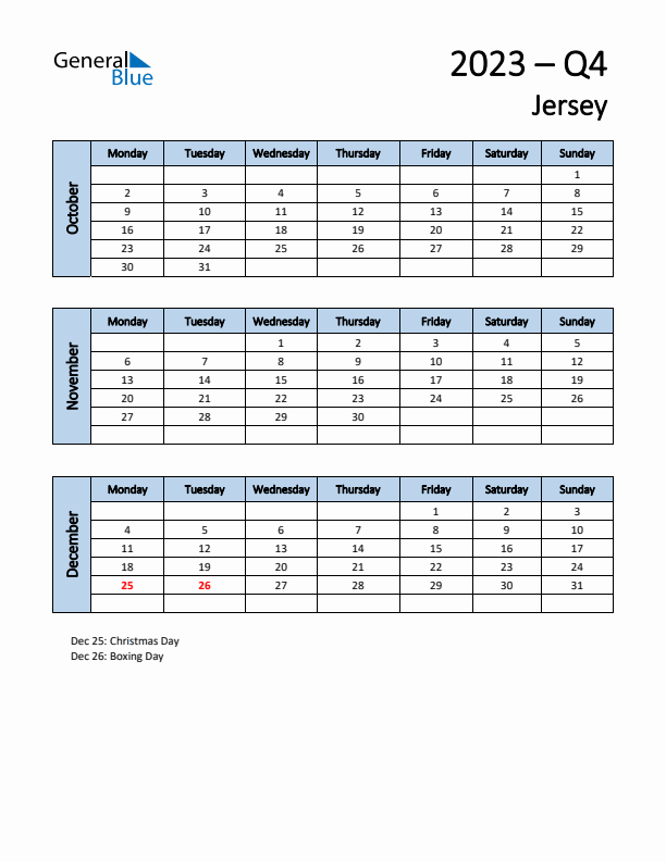 Free Q4 2023 Calendar for Jersey - Monday Start