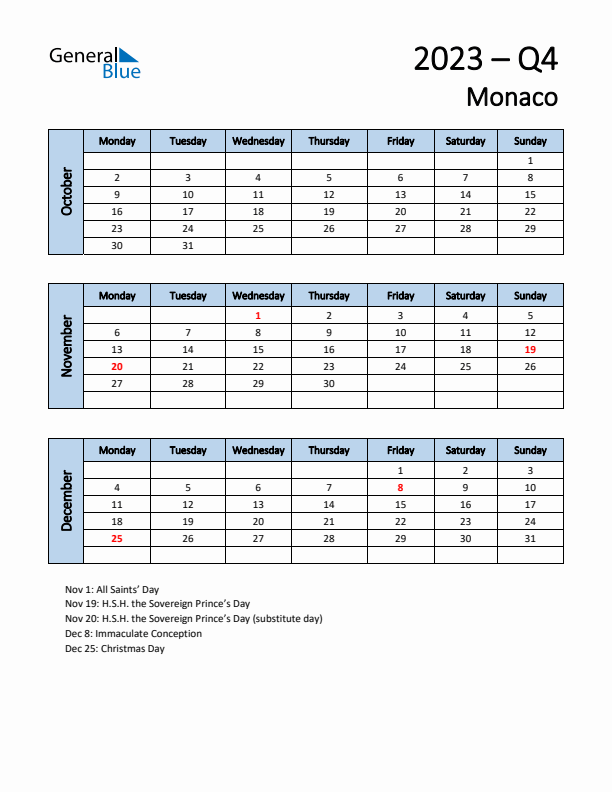 Free Q4 2023 Calendar for Monaco - Monday Start