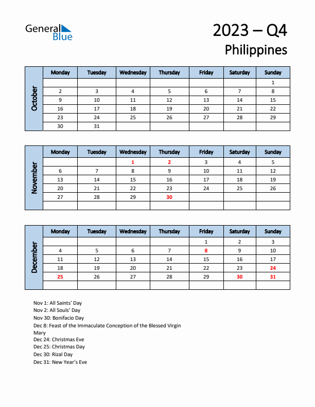 Free Q4 2023 Calendar for Philippines - Monday Start