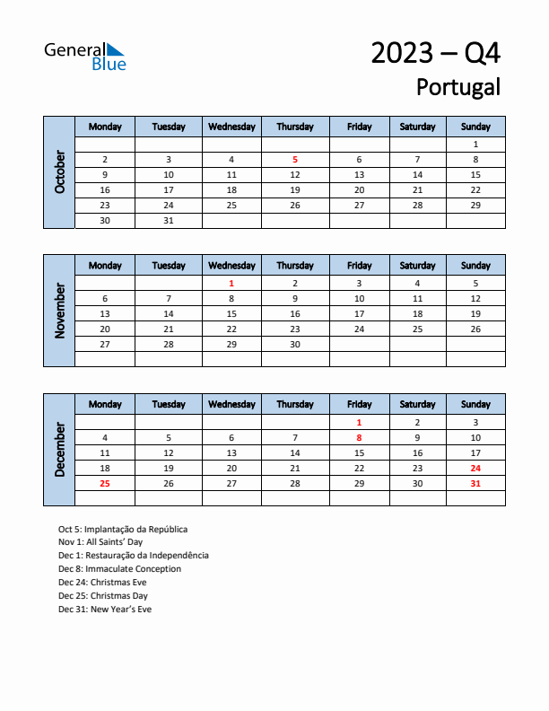 Free Q4 2023 Calendar for Portugal - Monday Start