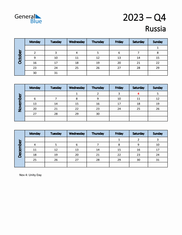 Free Q4 2023 Calendar for Russia - Monday Start