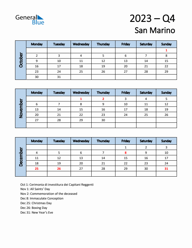 Free Q4 2023 Calendar for San Marino - Monday Start