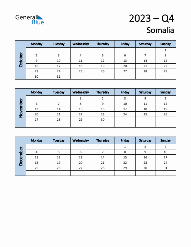 Free Q4 2023 Calendar for Somalia - Monday Start