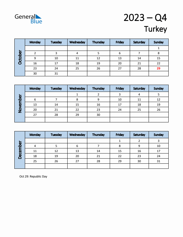 Free Q4 2023 Calendar for Turkey - Monday Start