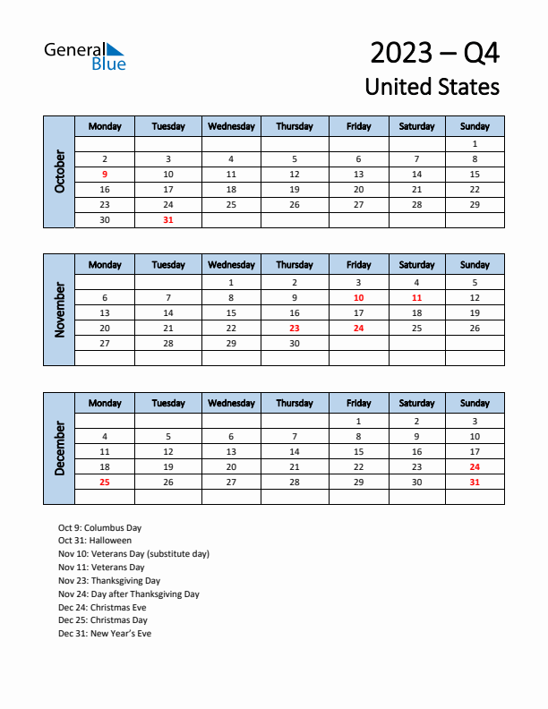 Free Q4 2023 Calendar for United States - Monday Start