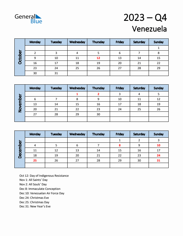 Free Q4 2023 Calendar for Venezuela - Monday Start