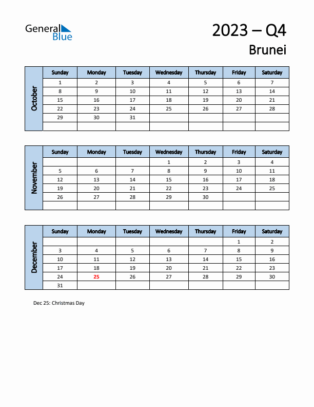 Free Q4 2023 Calendar for Brunei - Sunday Start