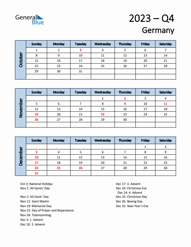 Free Q4 2023 Calendar for Germany - Sunday Start