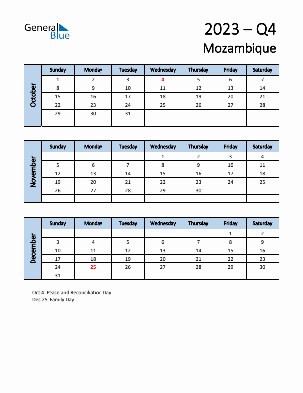 Free Q4 2023 Calendar for Mozambique - Sunday Start