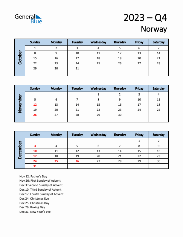 Free Q4 2023 Calendar for Norway - Sunday Start