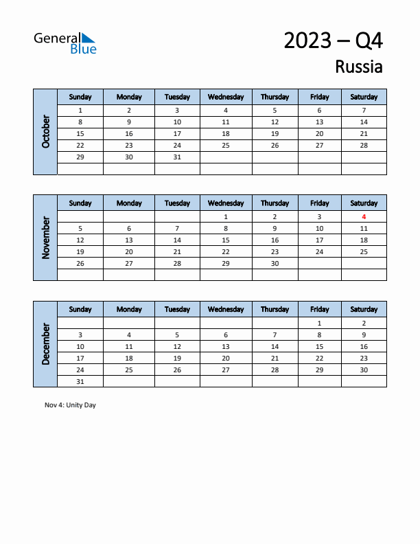 Free Q4 2023 Calendar for Russia - Sunday Start