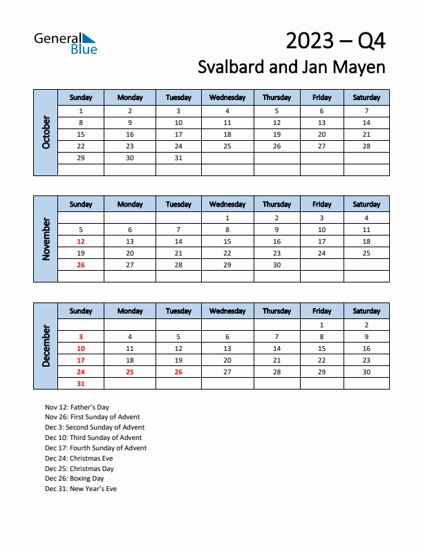 Free Q4 2023 Calendar for Svalbard and Jan Mayen - Sunday Start