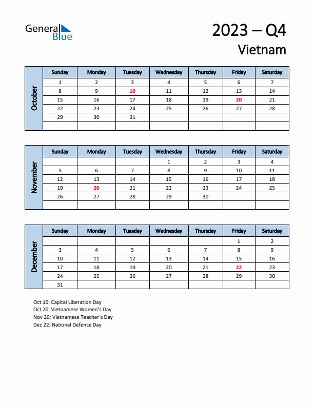 Free Q4 2023 Calendar for Vietnam - Sunday Start