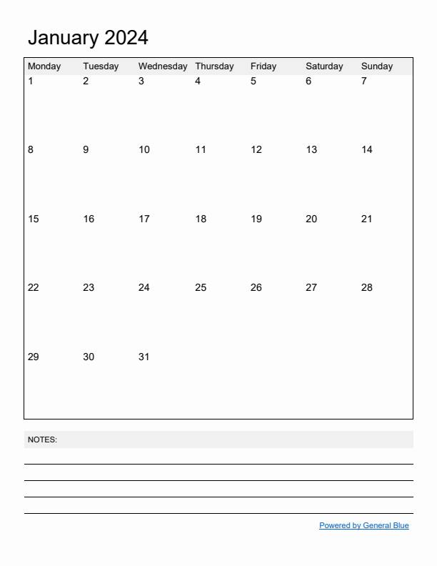 January 2024 Monday Start Calendar (PDF, Excel, Word)