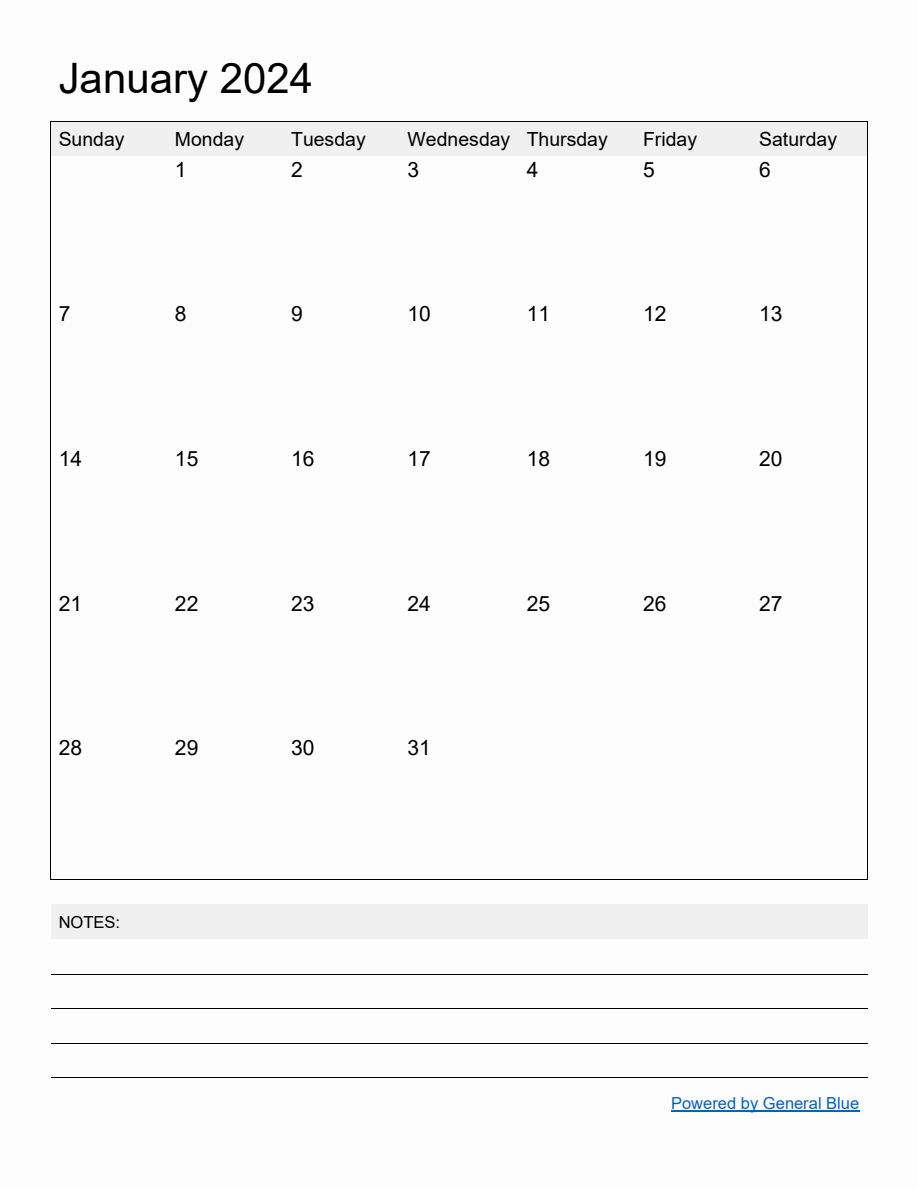 Free Printable Monthly Calendar for January 2024