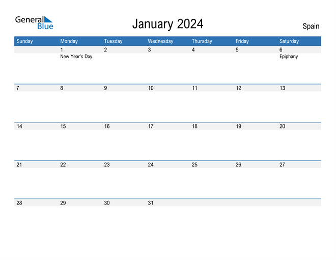 January 2024 Calendar with Spain Holidays