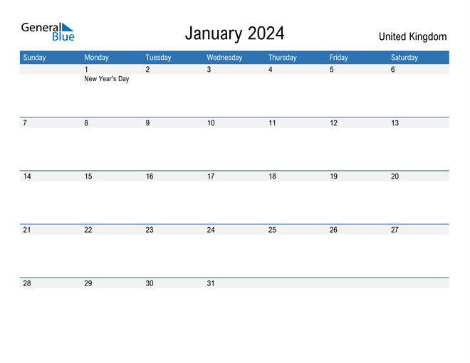 January 2024 Calendar with United Kingdom Holidays