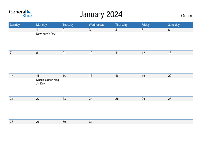 January 2024 Calendar with Guam Holidays