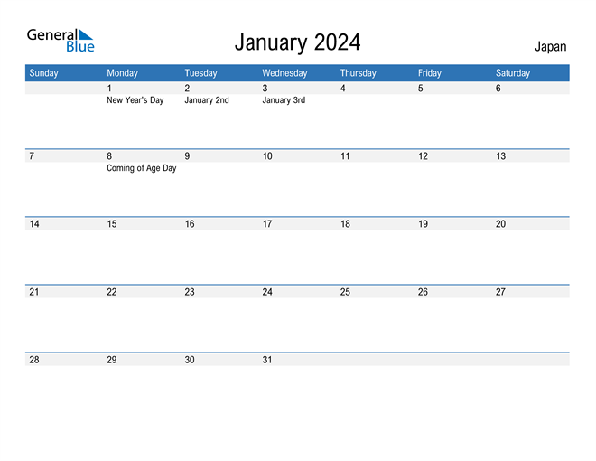 January 2024 Calendar with Japan Holidays