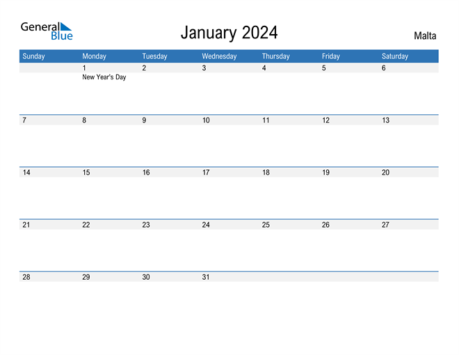 January 2024 Calendar with Malta Holidays