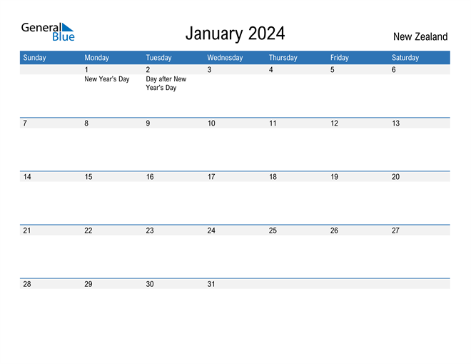 January 2024 Calendar with New Zealand Holidays