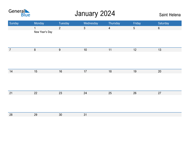 Saint Helena January 2024 Calendar with Holidays