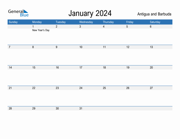Editable January 2024 Calendar with Antigua and Barbuda Holidays