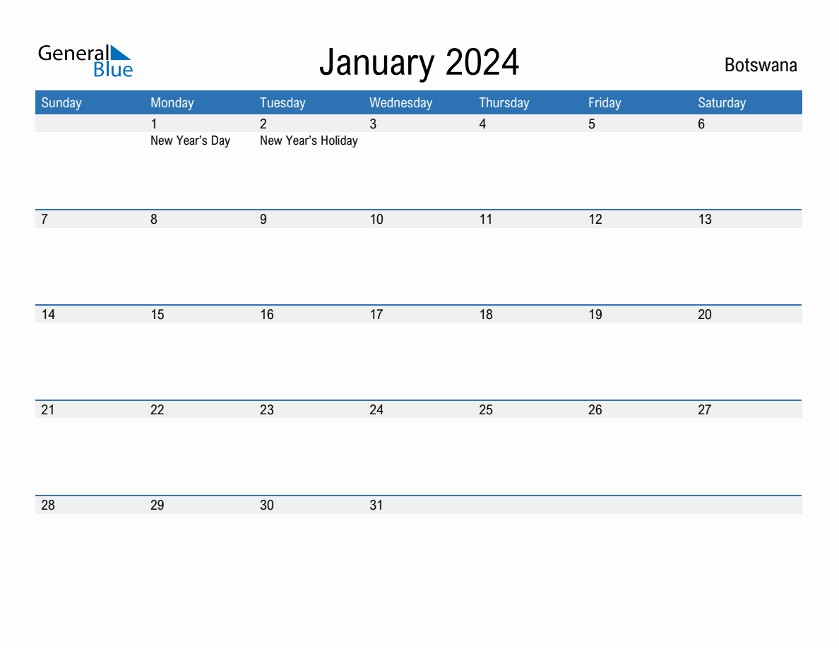 Editable January 2024 Calendar with Botswana Holidays