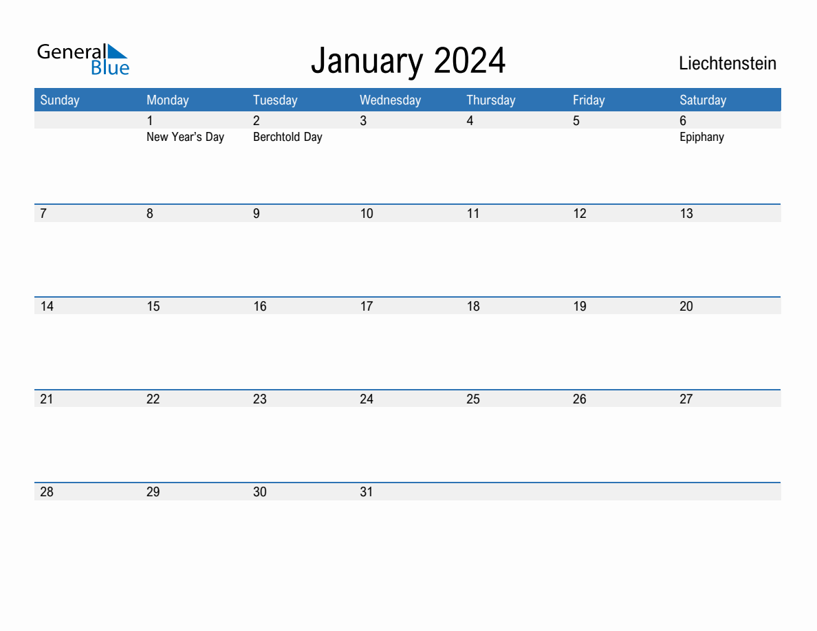 January 2024 Calendar with Liechtenstein Holidays