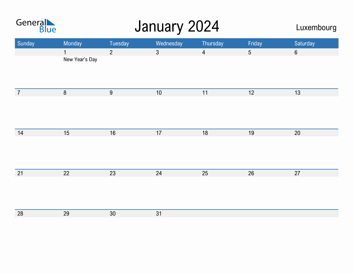 January 2024 Monthly Calendar with Luxembourg Holidays