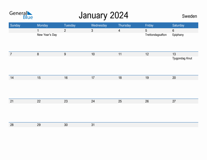 January 2024 Monthly Calendar with Sweden Holidays