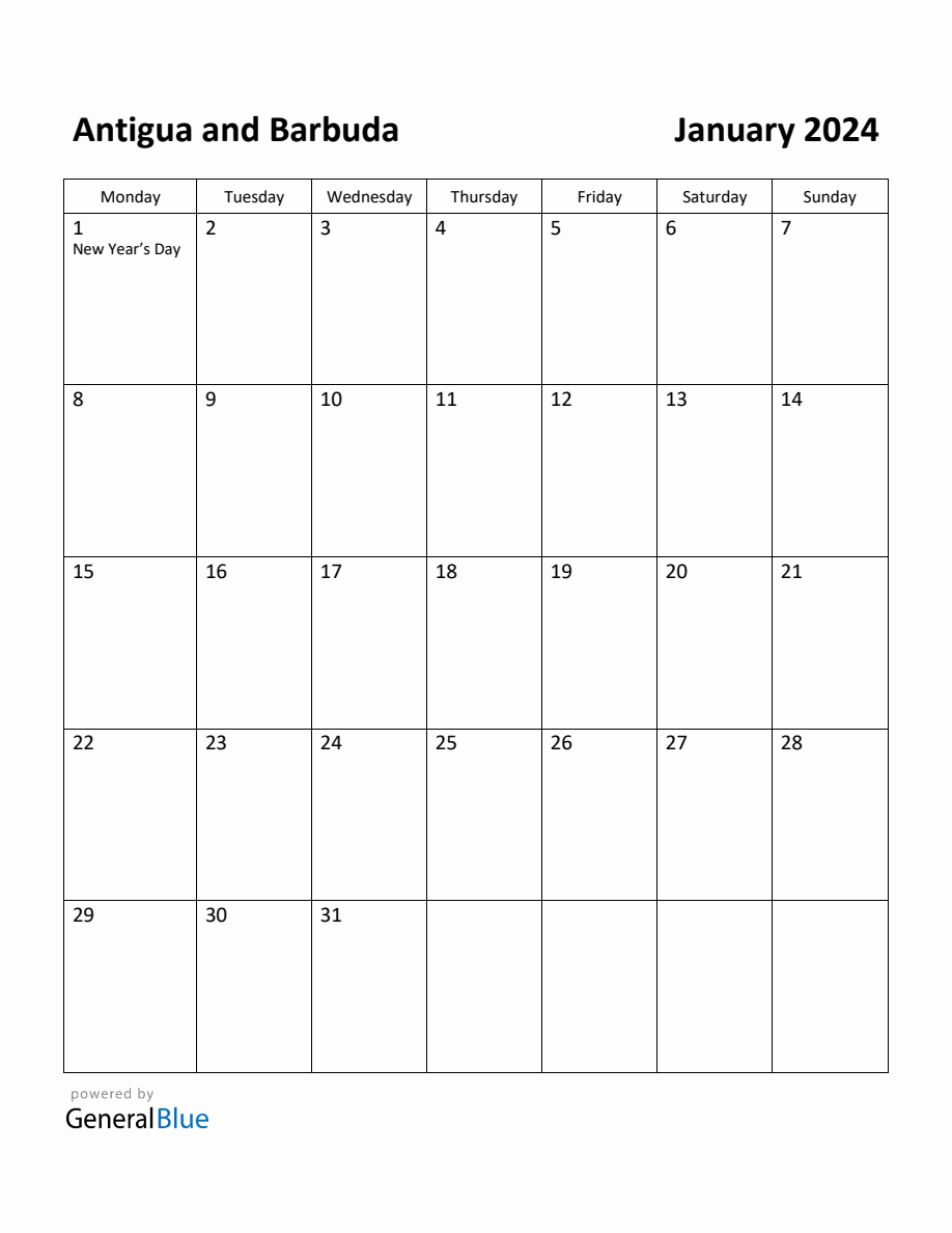 Free Printable January 2024 Calendar for Antigua and Barbuda