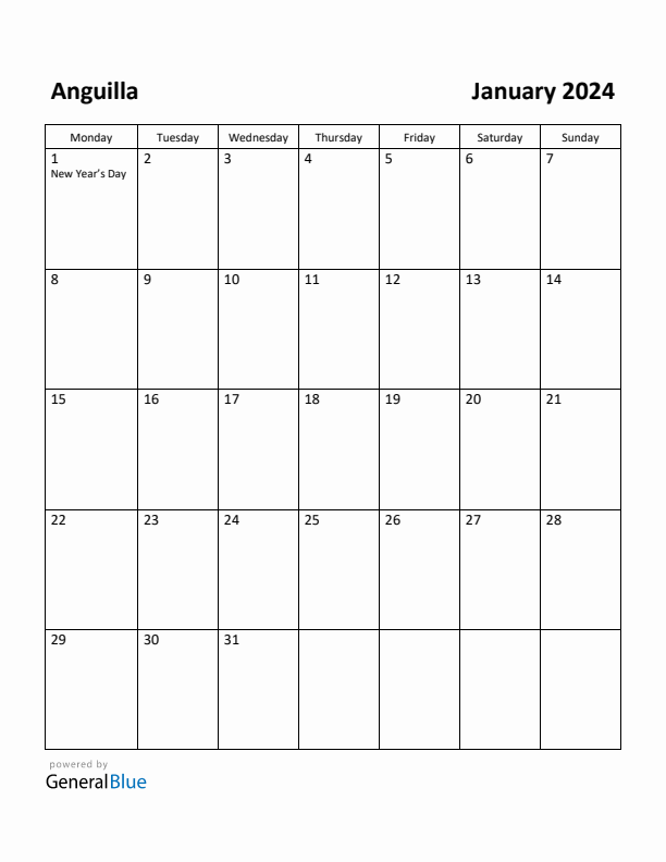 January 2024 Calendar with Anguilla Holidays