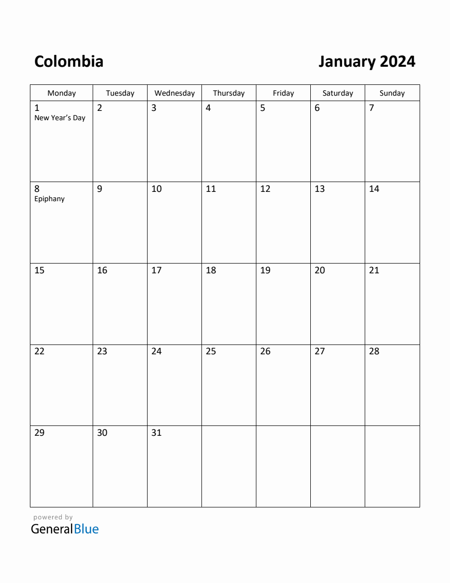 Free Printable January 2024 Calendar for Colombia