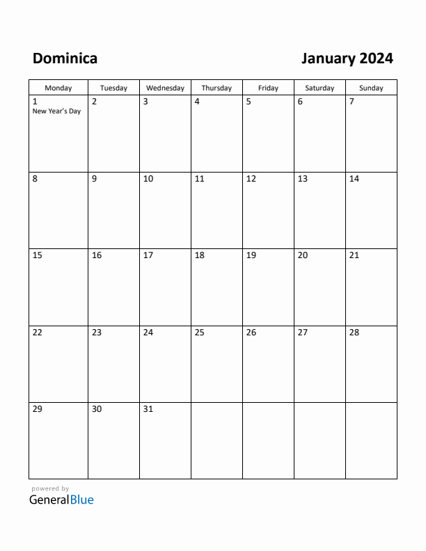 January 2024 Calendar with Dominica Holidays