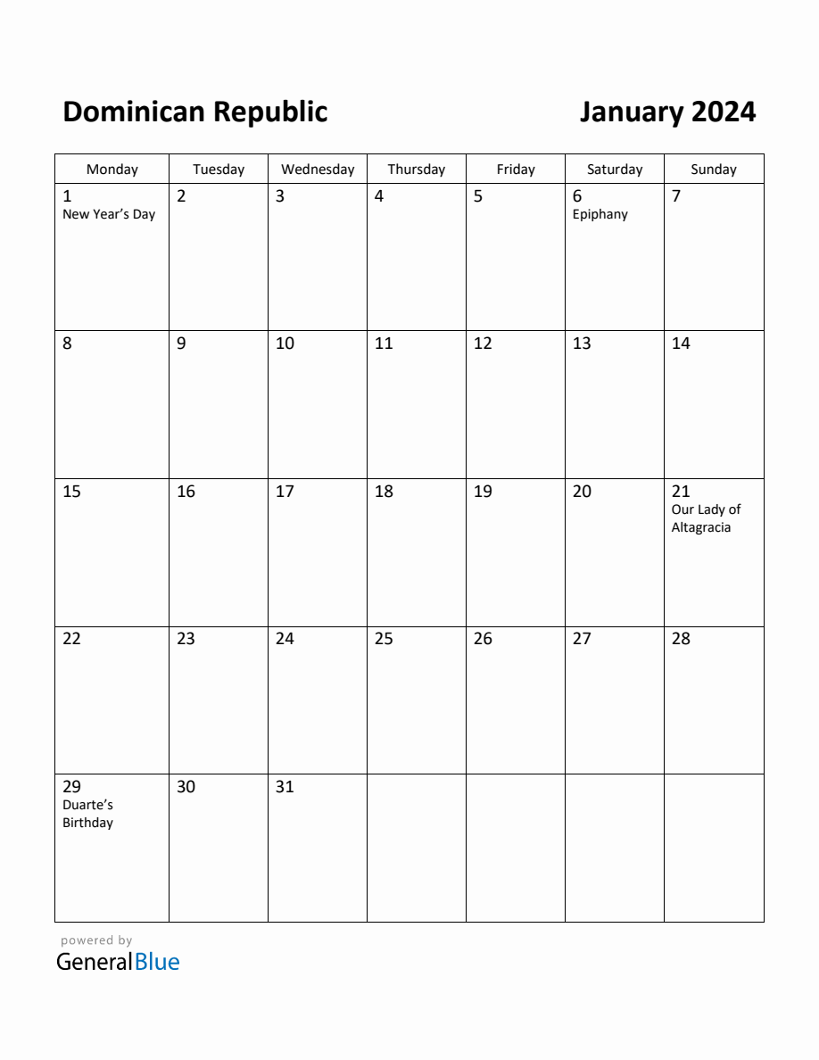 Free Printable January 2024 Calendar for Dominican Republic