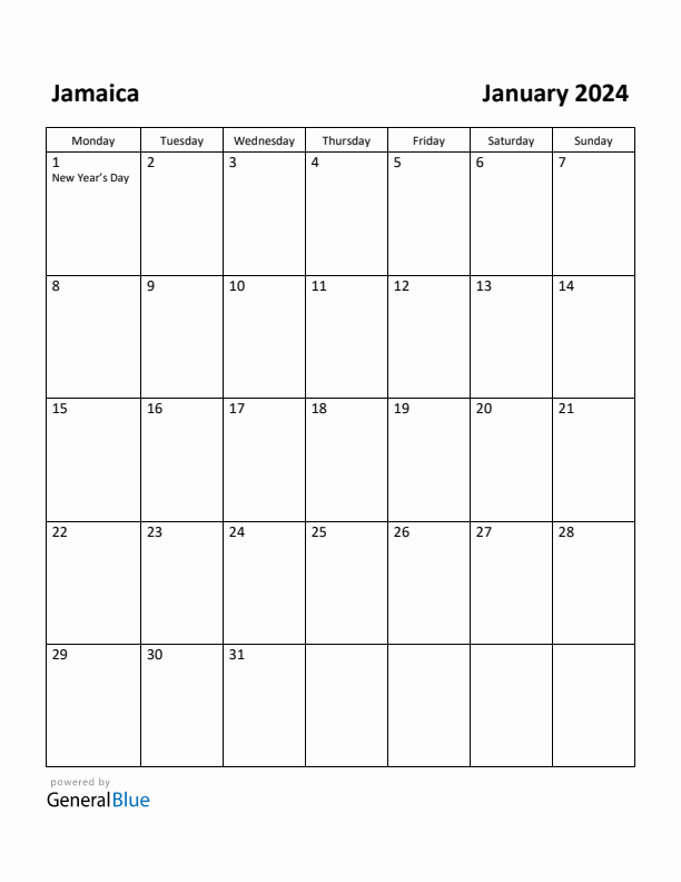 January 2024 Jamaica Monthly Calendar with Holidays