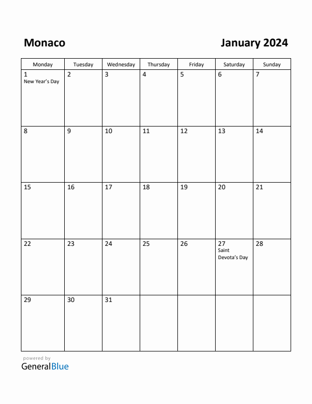 January 2024 Calendar with Monaco Holidays