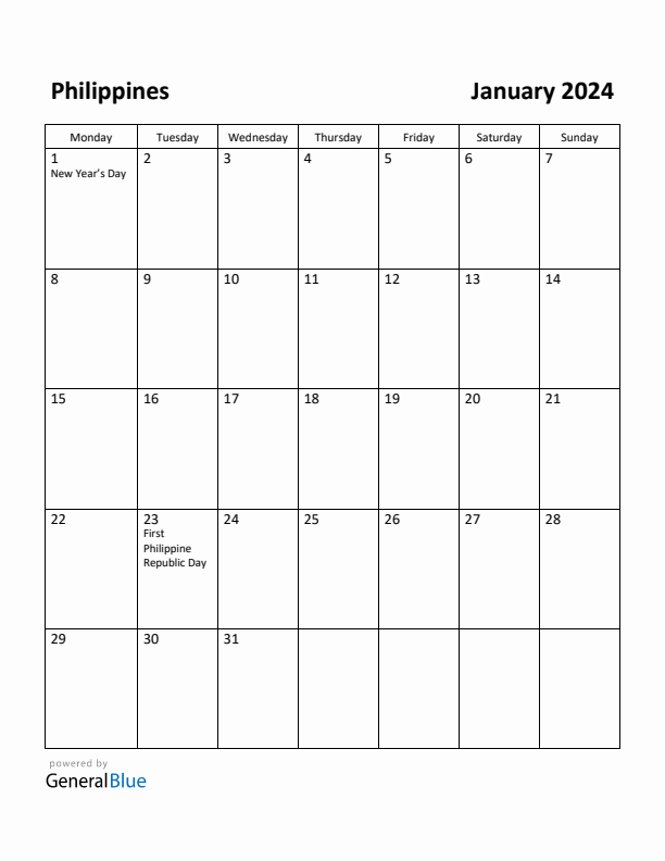 Free Printable January 2024 Calendar for Philippines