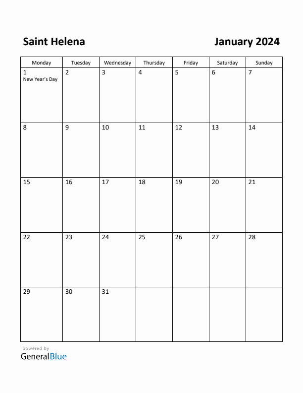 January 2024 Calendar with Saint Helena Holidays
