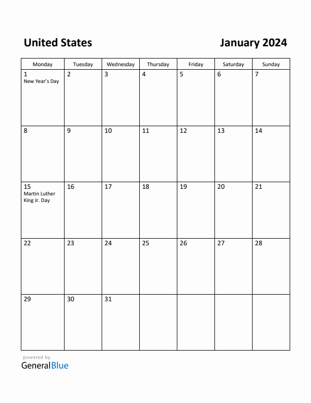 Free Printable January 2024 Calendar for United States