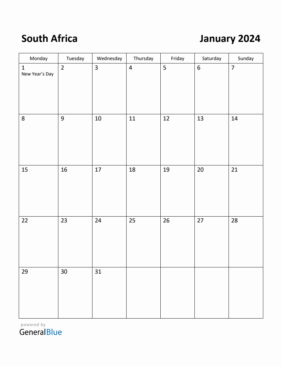 Free Printable January 2024 Calendar for South Africa