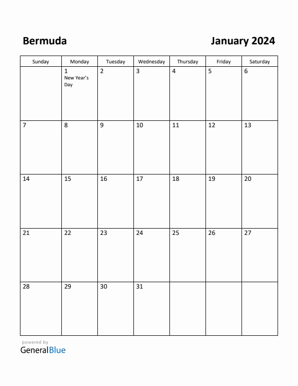 January 2024 Calendar with Bermuda Holidays