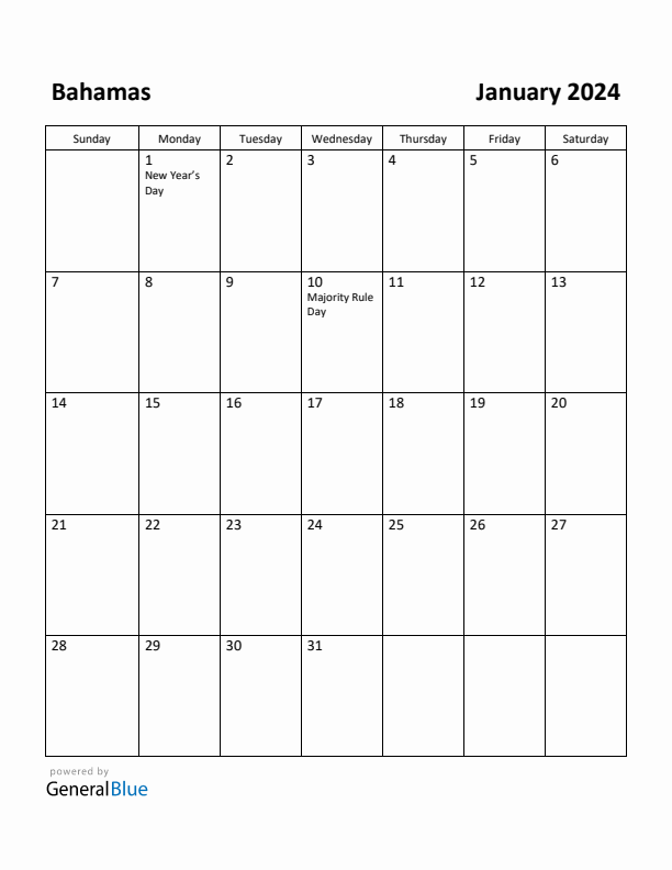 Free Printable January 2024 Calendar for Bahamas