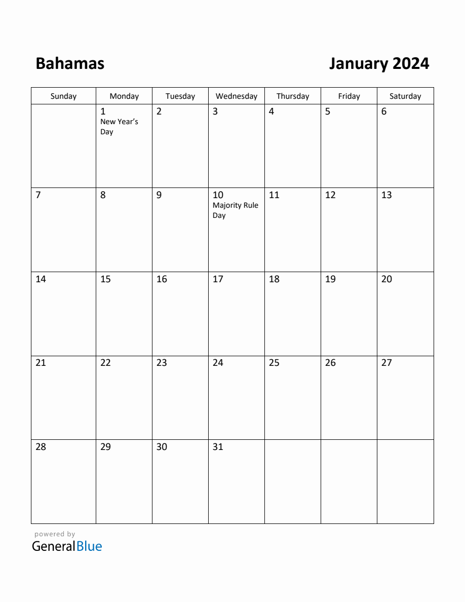 Free Printable January 2024 Calendar for Bahamas