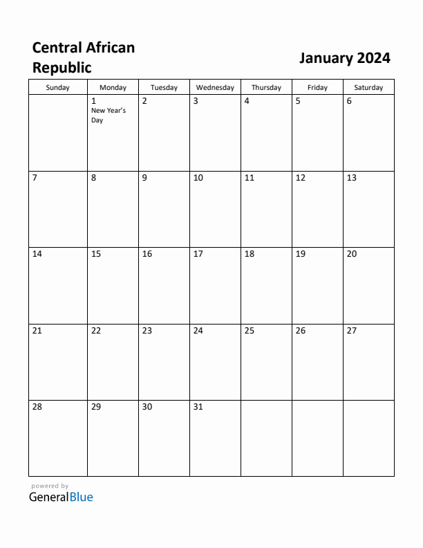 January 2024 Calendar with Central African Republic Holidays